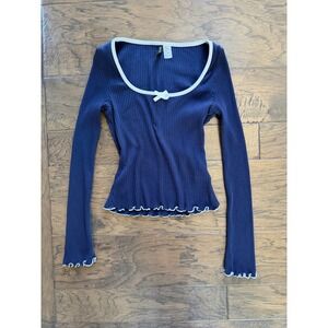 H&M Divided Ribbed Long Sleeve Top Bow Lettuce Edge Coquette Womens M